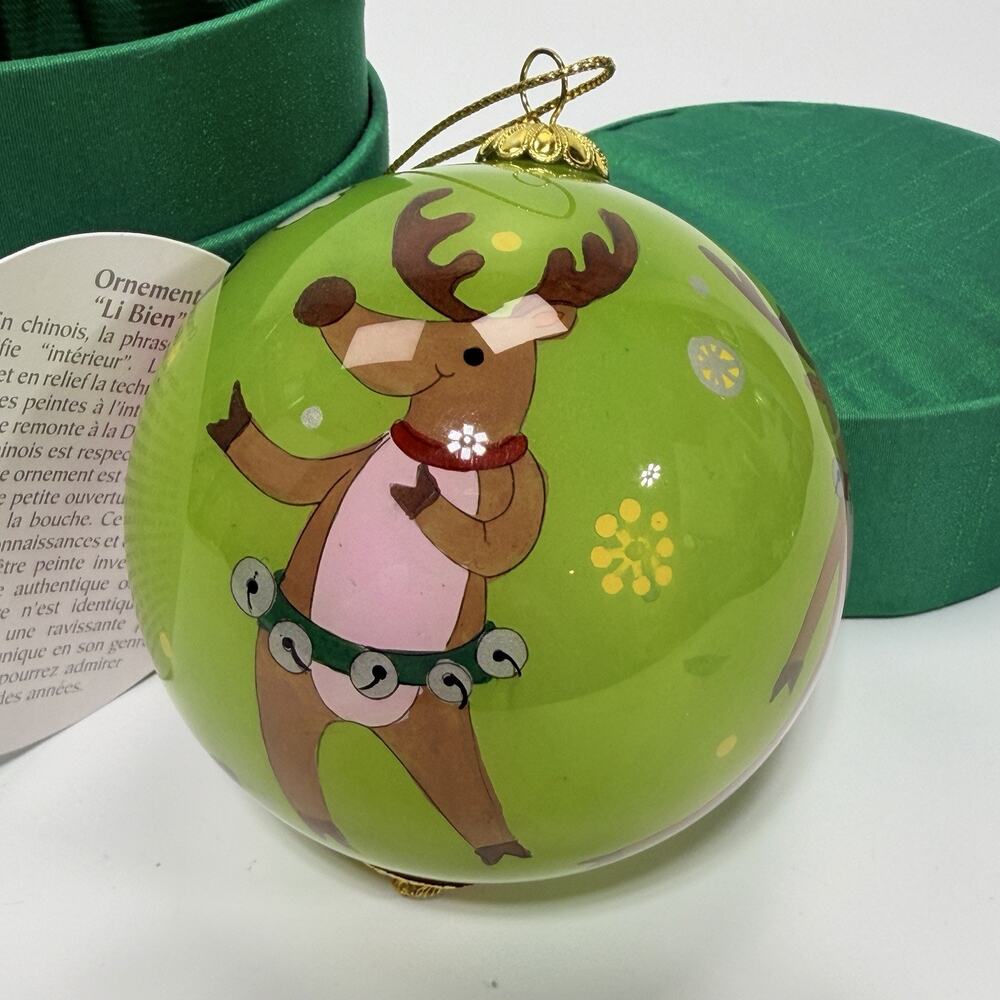 Pier 1 Li Bien Glass Christmas Ornament 3" Dancing Santa Reindeer 2007 Green